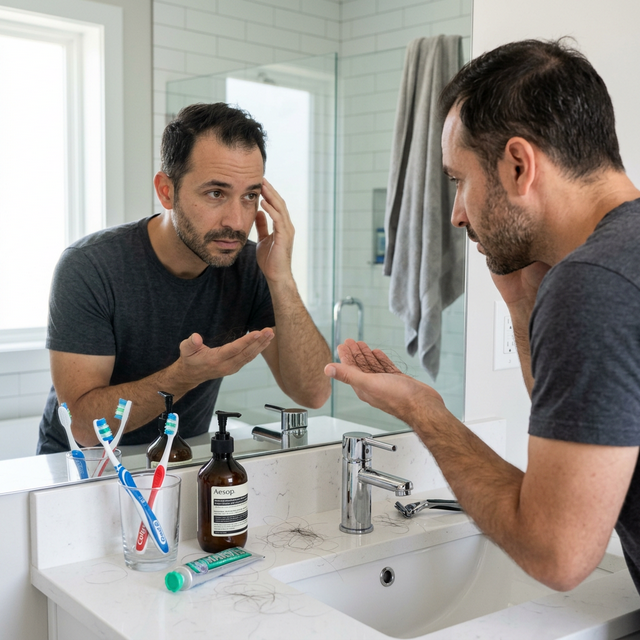 Pessoa preocupada segurando fios de cabelo no banheiro